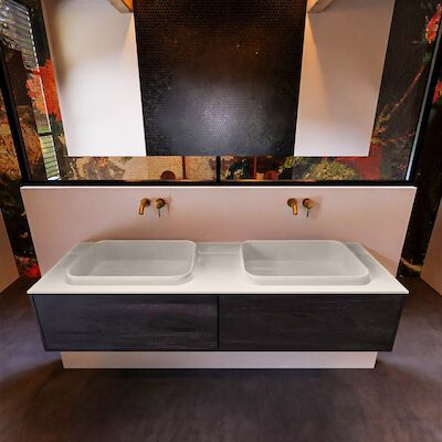 Badkamermeubelset Mondiaz Erin 150 cm met 2 Lades met RIDGE Wastafel Dubbel Linen Zonder Kraangaten Greeploos Mat Antracite