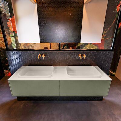 Badkamermeubelset Mondiaz Erin 150 cm met 2 Lades met RIDGE Wastafel Dubbel Linen Zonder Kraangaten Greeploos Mat Army