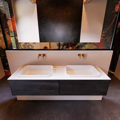 Badkamermeubelset Mondiaz Erin 150 cm met 2 Lades met RIDGE Wastafel Dubbel Talc Zonder Kraangaten Greeploos Mat Dark Brown