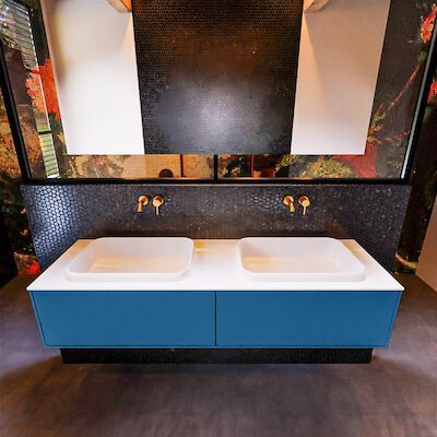 Badkamermeubelset Mondiaz Erin 150 cm met 2 Lades met RIDGE Wastafel Dubbel Talc Zonder Kraangaten Greeploos Mat Jeans