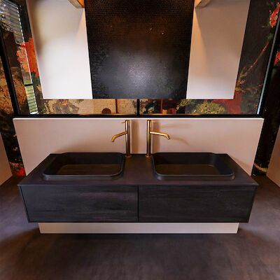 Badkamermeubelset Mondiaz Erin 150 cm met 2 Lades met RIDGE Wastafel Dubbel Urban met 2 kraangaten Greeploos Mat Antracite