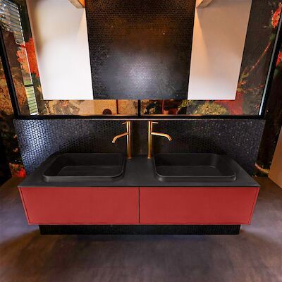 Badkamermeubelset Mondiaz Erin 150 cm met 2 Lades met RIDGE Wastafel Dubbel Urban met 2 kraangaten Greeploos Mat Fire