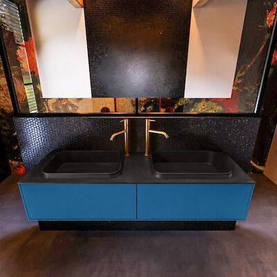 Badkamermeubelset Mondiaz Erin 150 cm met 2 Lades met RIDGE Wastafel Dubbel Urban met 2 kraangaten Greeploos Mat Jeans