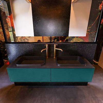 Badkamermeubelset Mondiaz Erin 150 cm met 2 Lades met RIDGE Wastafel Dubbel Urban met 2 kraangaten Greeploos Mat Smag