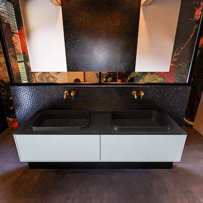 Badkamermeubelset Mondiaz Erin 150 cm met 2 Lades met RIDGE Wastafel Dubbel Urban Zonder Kraangaten Greeploos Mat Clay