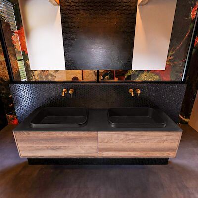 Badkamermeubelset Mondiaz Erin 150 cm met 2 Lades met RIDGE Wastafel Dubbel Urban Zonder Kraangaten Greeploos Mat Dark Brown Grey