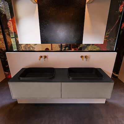 Badkamermeubelset Mondiaz Erin 150 cm met 2 Lades met RIDGE Wastafel Dubbel Urban Zonder Kraangaten Greeploos Mat Smoke