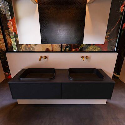 Badkamermeubelset Mondiaz Erin 150 cm met 2 Lades met RIDGE Wastafel Dubbel Urban Zonder Kraangaten Greeploos Mat Urban