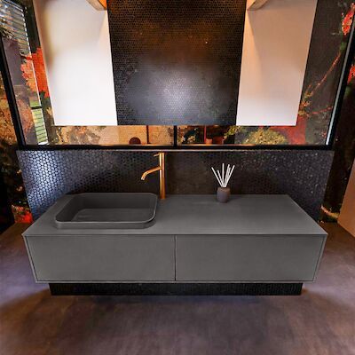 Badkamermeubelset Mondiaz Erin 150 cm met 2 Lades met RIDGE Wastafel Links Dark grey met 1 kraangat Greeploos Mat Dark Grey