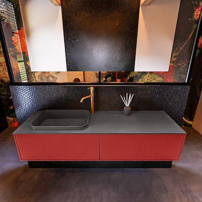 Badkamermeubelset Mondiaz Erin 150 cm met 2 Lades met RIDGE Wastafel Links Dark grey met 1 kraangat Greeploos Mat Fire