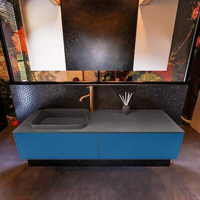 Badkamermeubelset Mondiaz Erin 150 cm met 2 Lades met RIDGE Wastafel Links Dark grey met 1 kraangat Greeploos Mat Jeans
