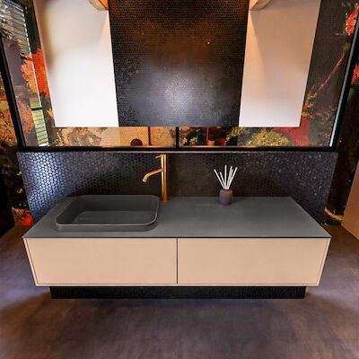 Badkamermeubelset Mondiaz Erin 150 cm met 2 Lades met RIDGE Wastafel Links Dark grey met 1 kraangat Greeploos Mat Rosee