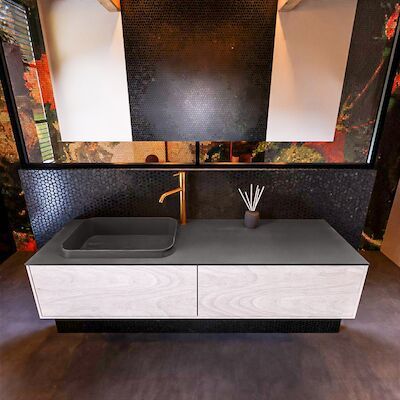 Badkamermeubelset Mondiaz Erin 150 cm met 2 Lades met RIDGE Wastafel Links Dark grey met 1 kraangat Greeploos Mat Underlayment