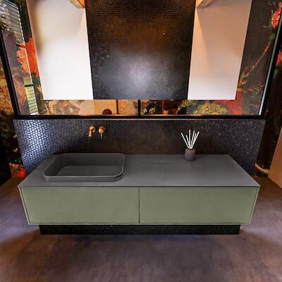 Badkamermeubelset Mondiaz Erin 150 cm met 2 Lades met RIDGE Wastafel Links Dark grey Zonder Kraangaten Greeploos Mat Army