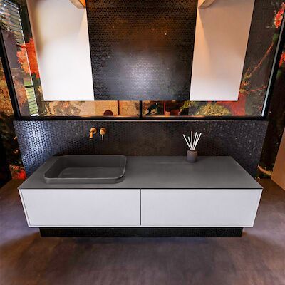 Badkamermeubelset Mondiaz Erin 150 cm met 2 Lades met RIDGE Wastafel Links Dark grey Zonder Kraangaten Greeploos Mat Cale