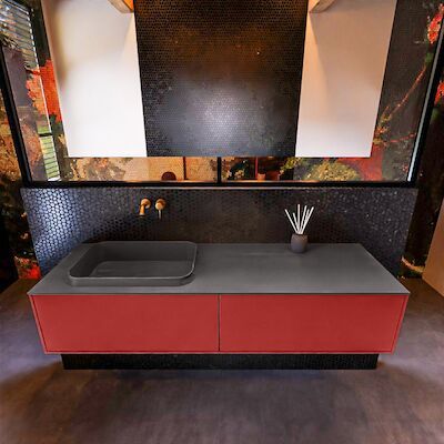 Badkamermeubelset Mondiaz Erin 150 cm met 2 Lades met RIDGE Wastafel Links Dark grey Zonder Kraangaten Greeploos Mat Fire