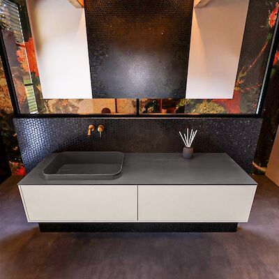 Badkamermeubelset Mondiaz Erin 150 cm met 2 Lades met RIDGE Wastafel Links Dark grey Zonder Kraangaten Greeploos Mat Linen