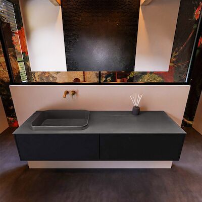 Badkamermeubelset Mondiaz Erin 150 cm met 2 Lades met RIDGE Wastafel Links Dark grey Zonder Kraangaten Greeploos Mat Urban