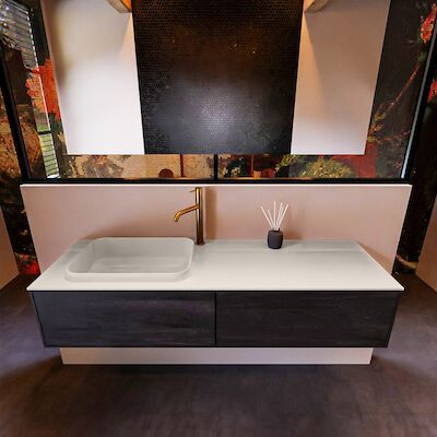 Badkamermeubelset Mondiaz Erin 150 cm met 2 Lades met RIDGE Wastafel Links Linen met 1 kraangat Greeploos Mat Dark Brown