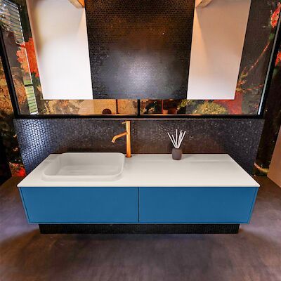 Badkamermeubelset Mondiaz Erin 150 cm met 2 Lades met RIDGE Wastafel Links Linen met 1 kraangat Greeploos Mat Jeans