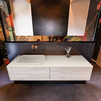 Badkamermeubelset Mondiaz Erin 150 cm met 2 Lades met RIDGE Wastafel Links Linen Zonder Kraangaten Greeploos Mat Light Brown Grey