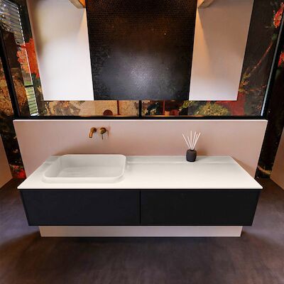 Badkamermeubelset Mondiaz Erin 150 cm met 2 Lades met RIDGE Wastafel Links Linen Zonder Kraangaten Greeploos Mat Urban