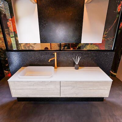 Badkamermeubelset Mondiaz Erin 150 cm met 2 Lades met RIDGE Wastafel Links Talc met 1 kraangat Greeploos Mat Light Brown Grey
