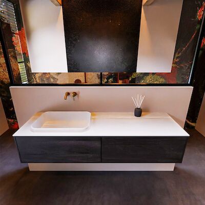 Badkamermeubelset Mondiaz Erin 150 cm met 2 Lades met RIDGE Wastafel Links Talc Zonder Kraangaten Greeploos Mat Dark Brown