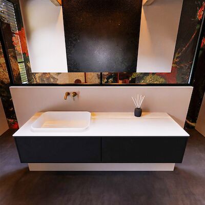 Badkamermeubelset Mondiaz Erin 150 cm met 2 Lades met RIDGE Wastafel Links Talc Zonder Kraangaten Greeploos Mat Urban