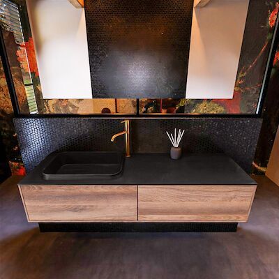 Badkamermeubelset Mondiaz Erin 150 cm met 2 Lades met RIDGE Wastafel Links Urban met 1 kraangat Greeploos Mat Dark Brown Grey