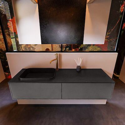 Badkamermeubelset Mondiaz Erin 150 cm met 2 Lades met RIDGE Wastafel Links Urban met 1 kraangat Greeploos Mat Dark Grey