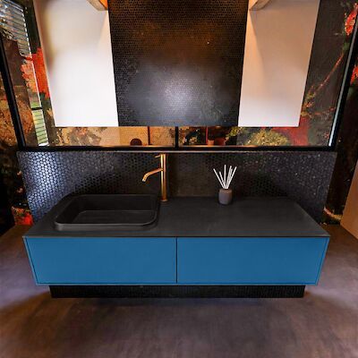 Badkamermeubelset Mondiaz Erin 150 cm met 2 Lades met RIDGE Wastafel Links Urban met 1 kraangat Greeploos Mat Jeans