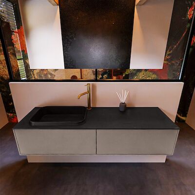 Badkamermeubelset Mondiaz Erin 150 cm met 2 Lades met RIDGE Wastafel Links Urban met 1 kraangat Greeploos Mat Smoke