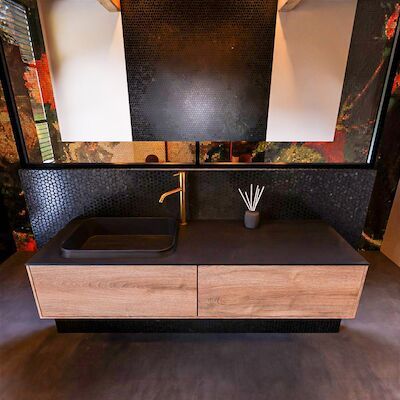 Badkamermeubelset Mondiaz Erin 150 cm met 2 Lades met RIDGE Wastafel Links Urban met 1 kraangat Greeploos Mat Washed Oak