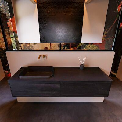 Badkamermeubelset Mondiaz Erin 150 cm met 2 Lades met RIDGE Wastafel Links Urban Zonder Kraangaten Greeploos Mat Antracite