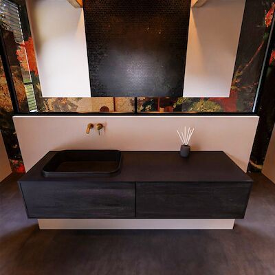 Badkamermeubelset Mondiaz Erin 150 cm met 2 Lades met RIDGE Wastafel Links Urban Zonder Kraangaten Greeploos Mat Dark Brown