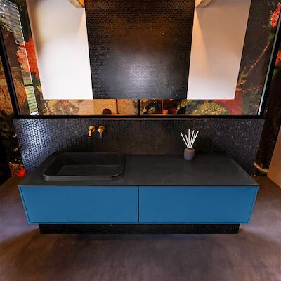 Badkamermeubelset Mondiaz Erin 150 cm met 2 Lades met RIDGE Wastafel Links Urban Zonder Kraangaten Greeploos Mat Jeans