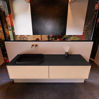 Badkamermeubelset Mondiaz Erin 150 cm met 2 Lades met RIDGE Wastafel Links Urban Zonder Kraangaten Greeploos Mat Rosee