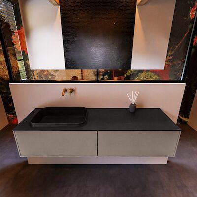 Badkamermeubelset Mondiaz Erin 150 cm met 2 Lades met RIDGE Wastafel Links Urban Zonder Kraangaten Greeploos Mat Smoke