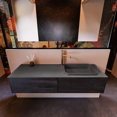 Badkamermeubelset Mondiaz Erin 150 cm met 2 Lades met RIDGE Wastafel Rechts Dark grey met 1 kraangat Greeploos Mat Dark Brown