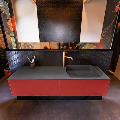 Badkamermeubelset Mondiaz Erin 150 cm met 2 Lades met RIDGE Wastafel Rechts Dark grey met 1 kraangat Greeploos Mat Fire