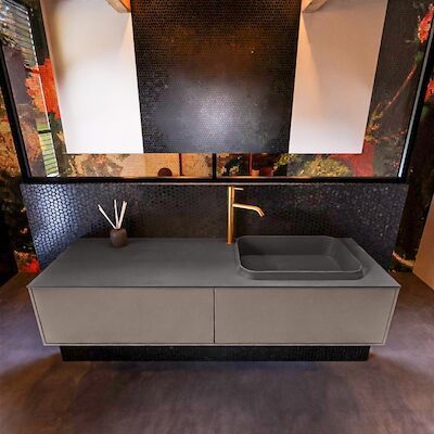 Badkamermeubelset Mondiaz Erin 150 cm met 2 Lades met RIDGE Wastafel Rechts Dark grey met 1 kraangat Greeploos Mat Smoke