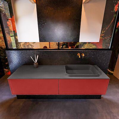 Badkamermeubelset Mondiaz Erin 150 cm met 2 Lades met RIDGE Wastafel Rechts Dark grey Zonder Kraangaten Greeploos Mat Fire