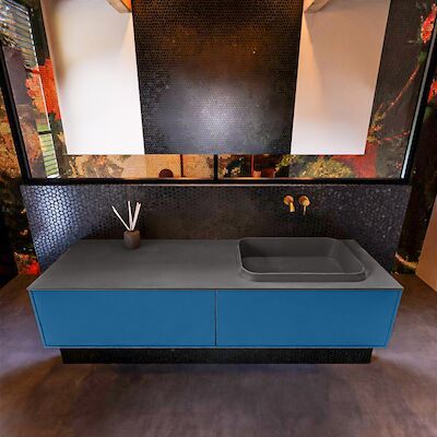 Badkamermeubelset Mondiaz Erin 150 cm met 2 Lades met RIDGE Wastafel Rechts Dark grey Zonder Kraangaten Greeploos Mat Jeans