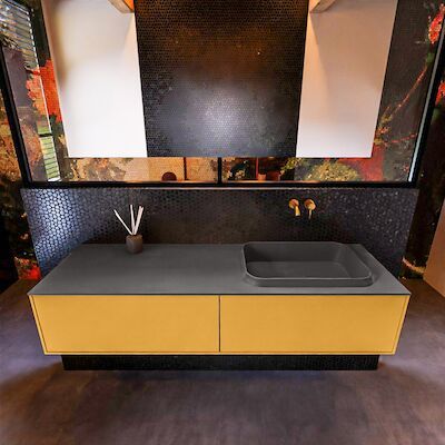 Badkamermeubelset Mondiaz Erin 150 cm met 2 Lades met RIDGE Wastafel Rechts Dark grey Zonder Kraangaten Greeploos Mat Ocher