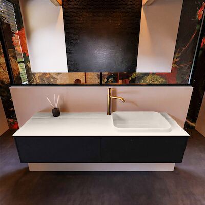 Badkamermeubelset Mondiaz Erin 150 cm met 2 Lades met RIDGE Wastafel Rechts Linen met 1 kraangat Greeploos Mat Urban