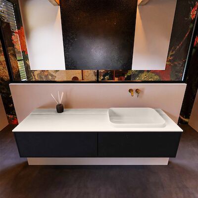 Badkamermeubelset Mondiaz Erin 150 cm met 2 Lades met RIDGE Wastafel Rechts Linen Zonder Kraangaten Greeploos Mat Urban