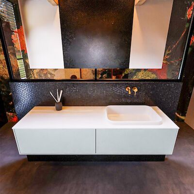Badkamermeubelset Mondiaz Erin 150 cm met 2 Lades met RIDGE Wastafel Rechts Talc Zonder Kraangaten Greeploos Mat Clay