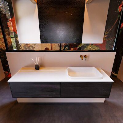 Badkamermeubelset Mondiaz Erin 150 cm met 2 Lades met RIDGE Wastafel Rechts Talc Zonder Kraangaten Greeploos Mat Dark Brown
