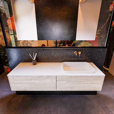 Badkamermeubelset Mondiaz Erin 150 cm met 2 Lades met RIDGE Wastafel Rechts Talc Zonder Kraangaten Greeploos Mat Light Brown Grey